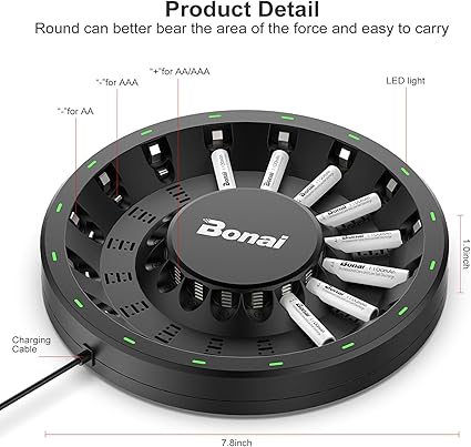 BONAI AA AAA Rechargeable Battery Charger for NiMH NiCD Batteries with AC High-Speed Plug Cable and Smart LED Light