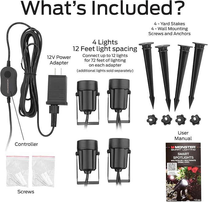 Monster Smart Outdoor RGBICWW Spotlights 4 Pack, Dimmable LEDs, Sound Reactive, IP44 Water Weather Resistant, Compatible with Alexa, Siri, Google Home, App, Razer Chroma, Voice Controlled