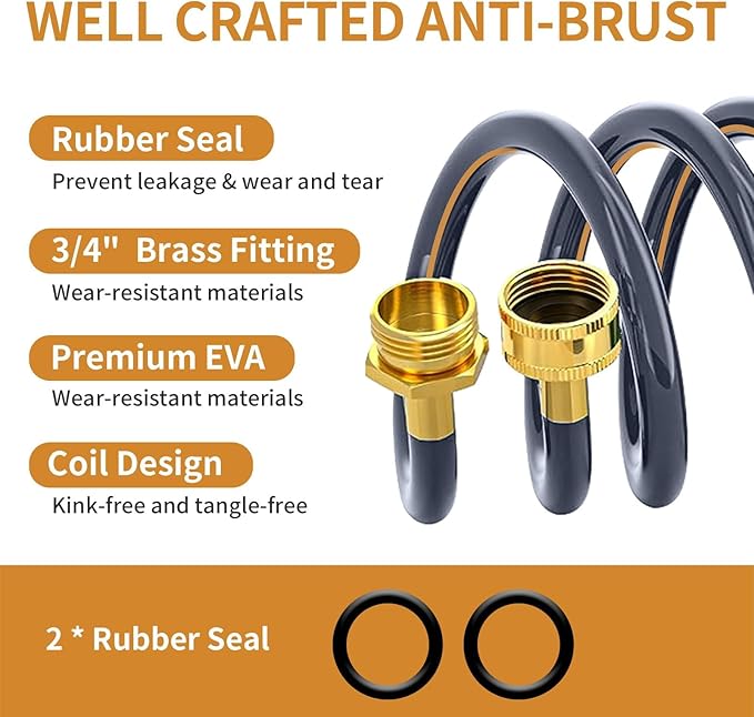 25ft Flexible Garden Hose, Spiral Water Hose, Lightweight and Kink-Free, with 34 Inch Brass Connector, 10 Pattern Nozzle (Orange Grey)