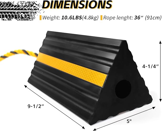 MaxxHaul 50019 Heavy Duty 3-Sided Rubber Wheel Chock with Yellow Reflective Strips and Nylon Rope and Non-Slip Base - 1 Pair