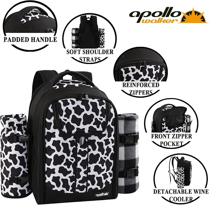 apollo walker Picnic Backpack Bag for 2 Person with Cooler Compartment, Detachable BottleWine Holder, Fleece Blanket, Plates and Cutlery Set (2 Person, Black)