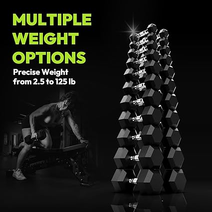 Hex Dumbbell Set, 2.5-125 lb Rubber Encased Exercise Fitness Dumbbells, Weights Dumbbells Set of 2, Hand Weight for Strength Training (Single, Pair, Set)