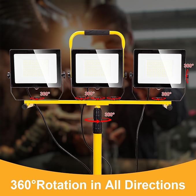 30000 Lumen Work Lights with Stand, 300W Three Head LED Work Light, Waterproof Lamp with Individual Switch, Adjustable Metal Telescoping Tripod