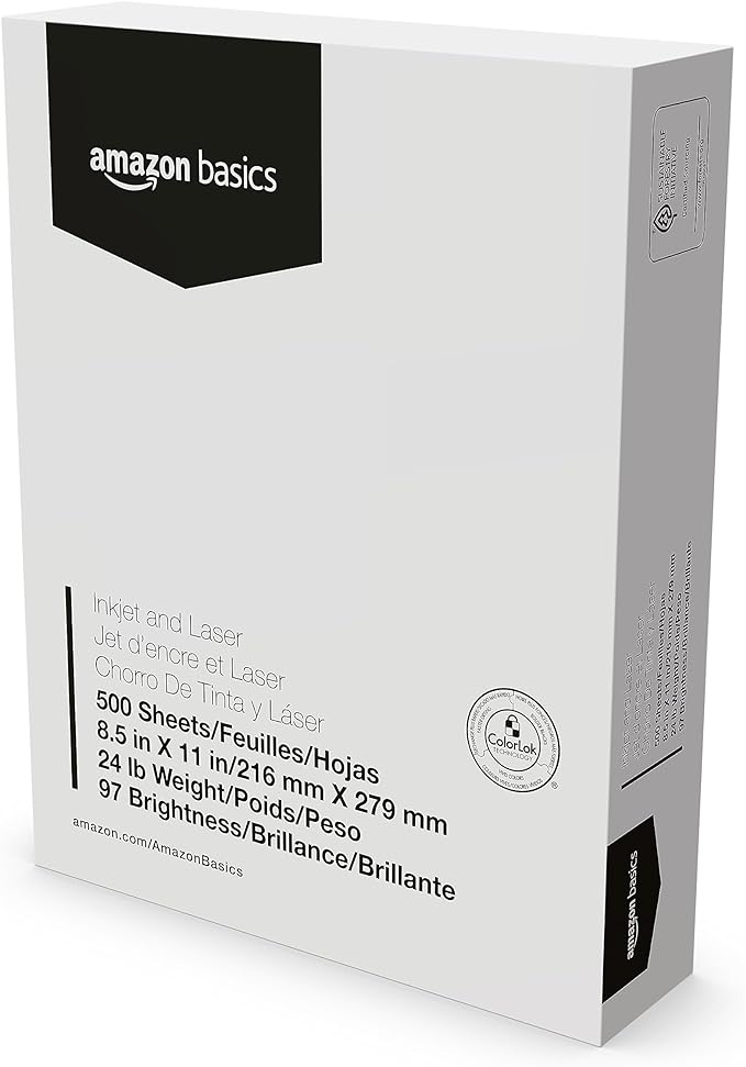 Basics Multipurpose Copy Printer Paper, 8.5-x-11-inch, 24lb, 1500 Sheets (3 Packs of 500), 97 Bright, White