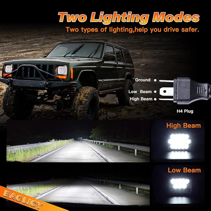 5x7 H6054 LED Headlights DOT Approved Hi/Low Sealed Beam 7x6 H6052 6054 H5054 H6054LL 69822 Rectangular Chrome Headlight for XJ YJ Chevy S10 Express Ford Probe Truck Van