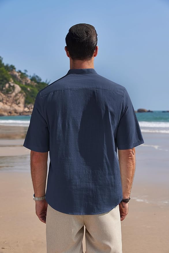 COOFANDY Men's Cotton Linen Henley Shirt Short Sleeve Hippie Casual Band Collar Summer Beach T-Shirts
