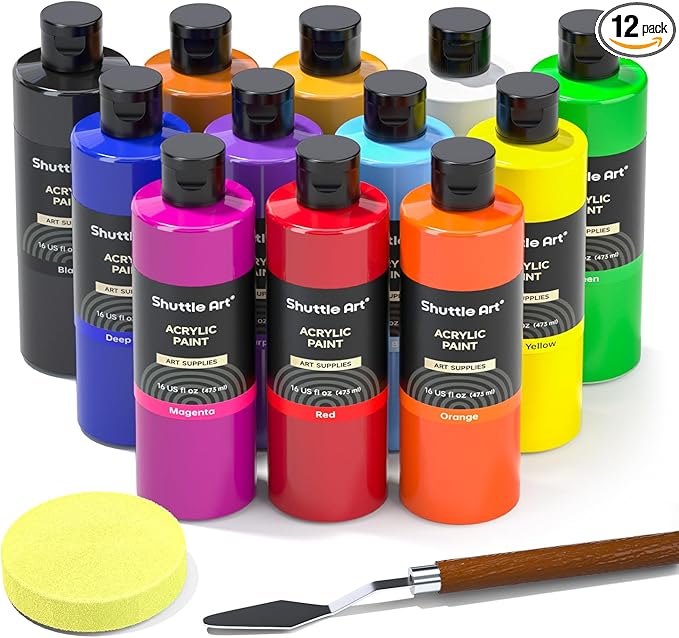 Shuttle Art Acrylic Paint, 12 Colors Acrylic Paint Large Bottle Set, 473ml/16oz Each, Rich Pigments, High Viscosity, Bulk Paint for Artists, Beginners and Kids on Rocks Crafts Canvas Wood Ceramic