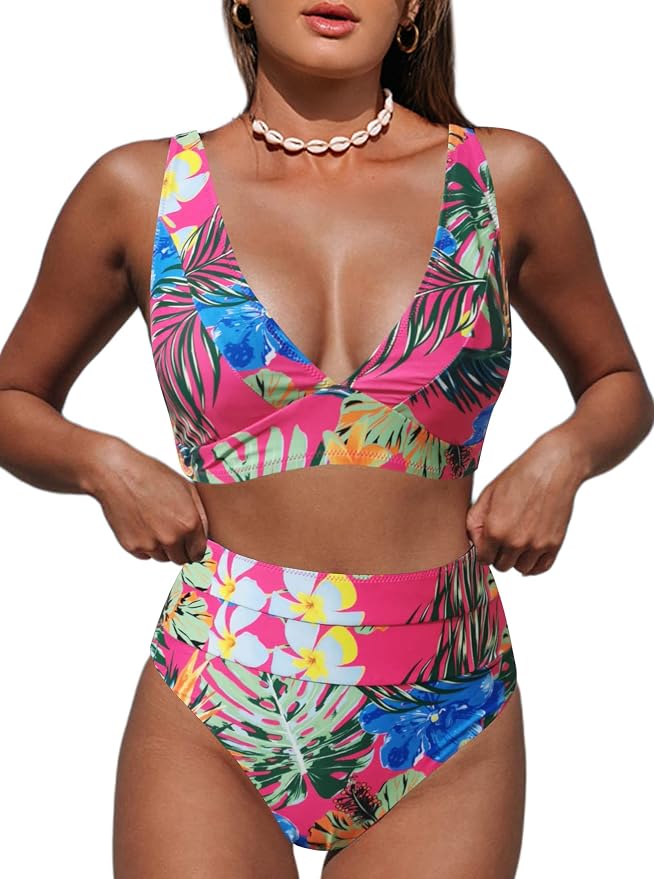 Women's Leopard Bikini Swimsuits V Neck High Waisted 2 Piece Bathing Suits