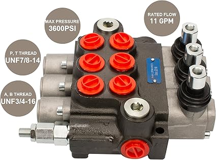 Hydraulic Tractor Loader Control Valve 3 spool, 11GPM SAE Ports Double Acting Hydraulic Directional Flow Control Valve wJoystick for Log Splitters, Tractors Loaders
