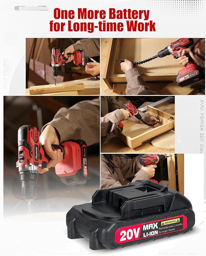 AVID POWER Rechargeable 20V lithium-ion battery MAX 1.5 Ah with real-time capacity indicator, only compatible with 20V cordless drill - ACD136