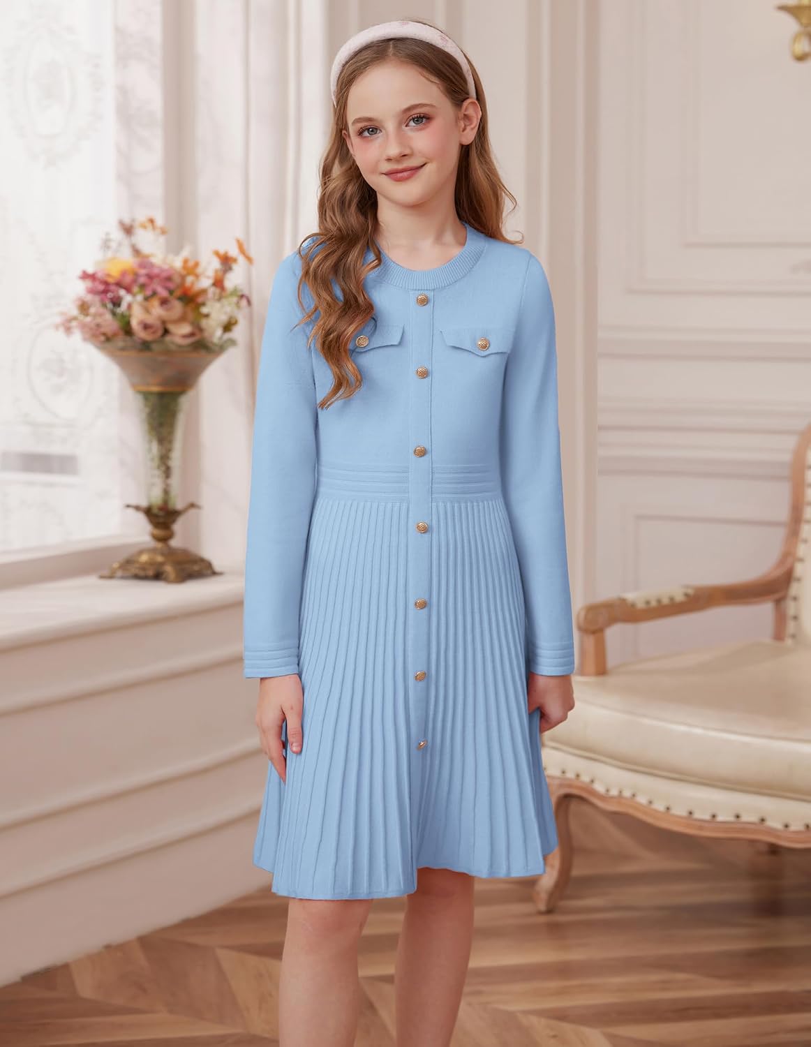 Girls Sweater Fall Dress Long Sleeve Knit Button Front Pleated A-Line Casual Winter Midi Dresses 5-14Y