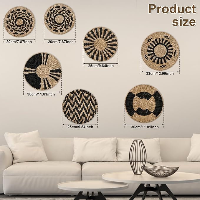 7 Pack Boho Wall Basket Decor, Hanging Woven Basket Wall Decor, Handmade Seagrass Rattan Wicker Wall Decoration, Round Rustic Bohemian Flat Seagrass Baskets for Home Living Room