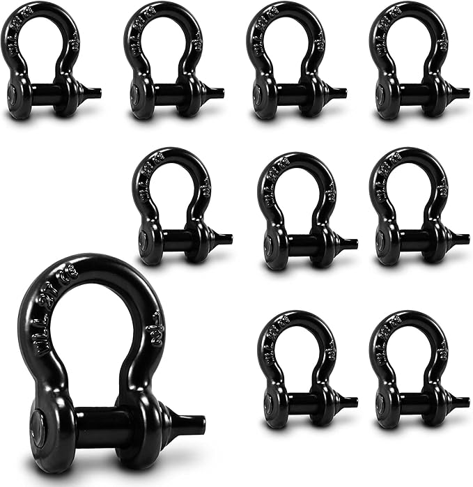 Leero 12" D Ring Shackles, 2 tons (4,409lbs) Working Load Limit, Clevis Shackle with 58" Alloy Screw Pin, Heavy Duty Shackles for Towing, Terrain Vehicle, Jeep, Trailer, Black (10 Pack)