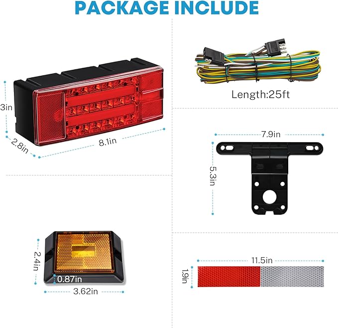 Kohree 12V Submersible LED Trailer Lights Kit, Super Bright LED Utility Brake Turn License Tail Lights, with Wiring Kit & 2 Marker Lights for Boat RV Truck Snowmobile Under 80 Inches