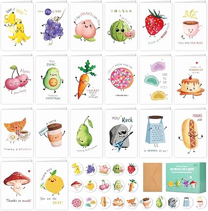 40 Funny Thank You Cards with Envelopes Stickers Bulk Cute Pun Blank Notes Cards for Friends Family Kids Teachers Coworkers Business Gratitude Appreciation Valentine Thank yous Greeting Holiday
