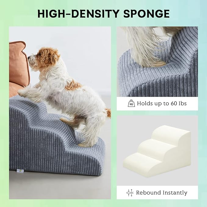 Dog Stairs Steps for High Beds, 3 Steps High Density Foam Waterproof Dog Ramp for Small Dogs and Cats, Pet Stairs with Removable Washable Cover for Bed, Couch, Sofa and Car (H:16")