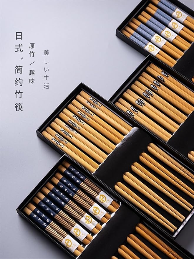 Chopsticks Reusable 5 pairs of bamboo chopsticks household long chopsticks family pointy cute personality bamboo non-slip set tableware chopsticks(Fat fish)