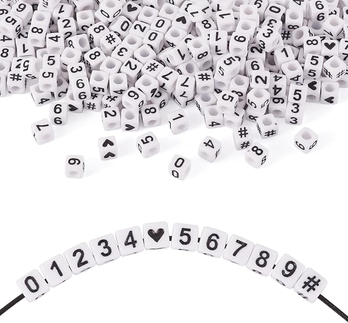 FASHEWELRY 300Pcs Cube Acrylic Number Beads Square Mixed 0-9 Number Beads 6x6mm White Acrylic Bead for Bracelets Friendship Jewelry Making