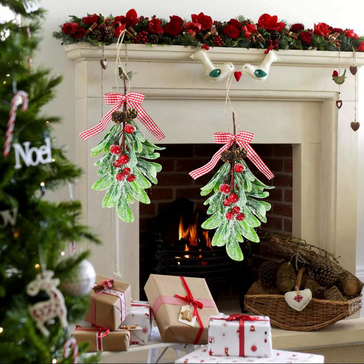 Mistletoe Decoration - 1pcs Mistletoe Christmas Decor Plaid Bow Red Berries Christmas Ball Ornaments,Kissing Ball Artificial Dry Leaf Hanging Decoration Mistletoe Herb for Tree/Door