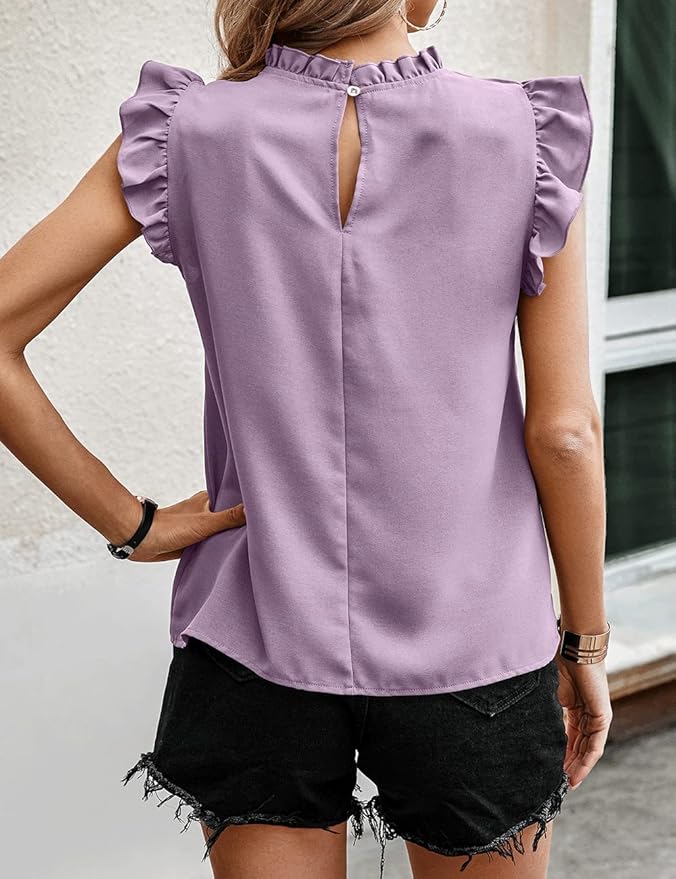 Women's Summer Tops Casual Dressy Solid Color Cap Sleeve Ruffle Neck Tunic Top Blouse T Shirts