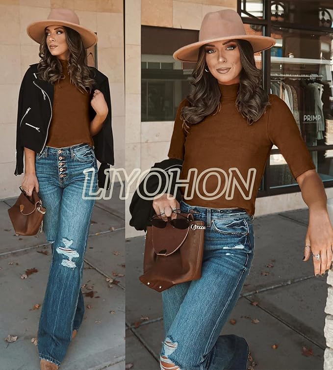 LIYOHON Womens Tops Dressy Casual Mock Turtleneck Business Short Sleeve T Shirts Going Out Tops 2025