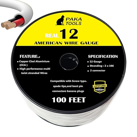 PAKA TOOLS Speaker Wire (100 Feet) (Copper Clad Aluminum) - Fire Safety in Wall Rated Audio Speaker Wire Cable CL2 Rated 2 Conductors - CCA, 100ft,ONE Spool (12 Gaige)
