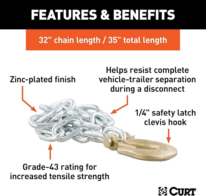 CURT 80302 35-Inch Trailer Safety Chain with 14-In Clevis Snap Hook, 7,800 lbs Break Strength
