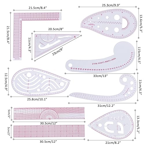 Fashion Clear Metric Sewing Ruler Set, French Curve Pattern Ruler Kit for Beginners Tailors Designers (A-9-Piece Set)