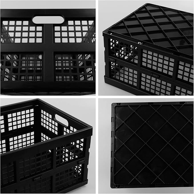 34 L Black Plastic Folding Storage Crates, Collapsible Crates, 2 Packs