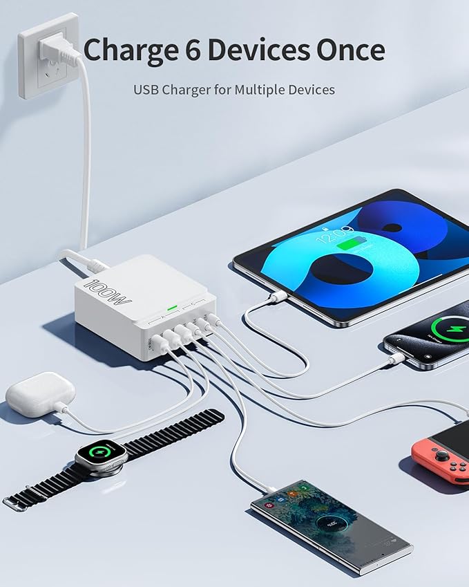 USB C Charger Block Charging Station: 100W 6 Port GaN Fast Charging Brick Hub Cube Box - PD 3.0 Type C USB A Wall Charger Power Adapter for iPhone 16 Pro Max iPad Samsung Android Pixel