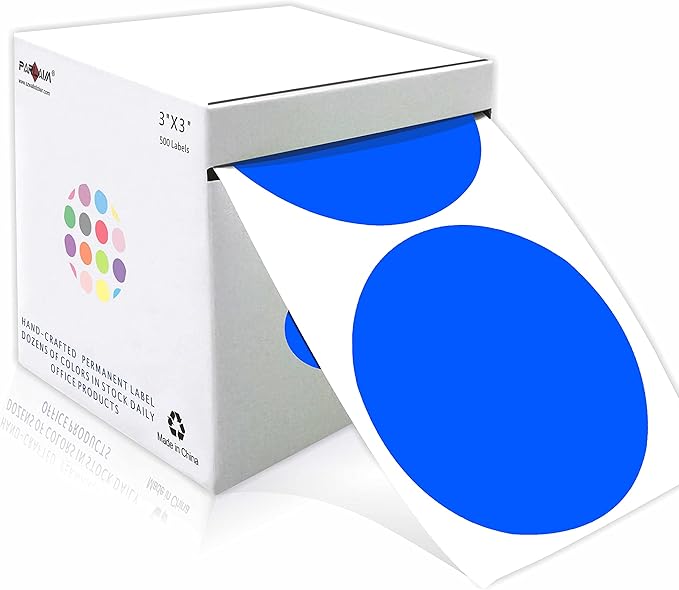PARLAIM 3 Inch Round Permanent Adhesive Color Cod Dot Stickers,500 per Dispenser Box Roll dots Label Blue Inventory Circle Stickers