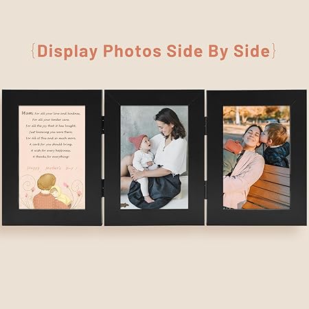 Golden State Art, 4x6 Three Picture Frame Trifold Hinged Photo Frame with 3 Openings, Desk Top Family Picture Collage, with Real Glass (4x6 Triple, Black, 1-Pack)