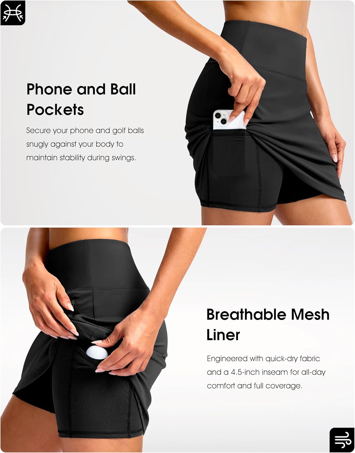 G Gradual 18" Golf Skirts for Women Zipper Pockets Mid Length Skort with Shorts Underneath High Waist Tennis Pickleball.