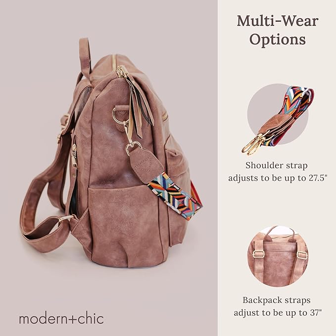 ModernChic Backpack Purse for Women - Brielle Convertible Bag, Use as Diaper Shoulder Bag, or Womens Backpack, Made of Vegan Leather wRemovable Strap and ExteriorInterior Pockets (Taffy Pink)