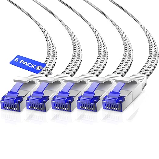 Maximm Ethernet Cable Cat 7, 3 ft, 5 Pack,Easy-Hide Flat Super-Durable White Braided Network LAN Internet CableCord, Ethernet Patch Cable