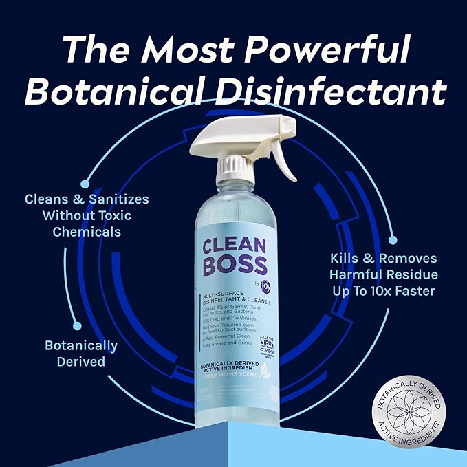 CleanBoss Botanical Disinfectant - 24 oz (Pack of 2) - Multi-Surface Cleaner - Kills 99.9 of Germs Cold Flu Viruses - Fresh Thyme Scent - No Rinse on Food Contact Surfaces - Pet Friendly