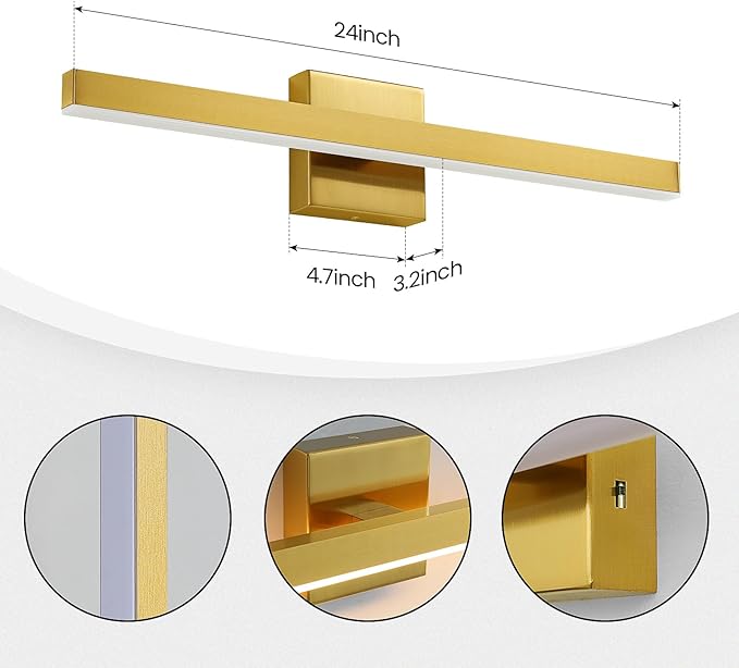 KAISITE Modern Bathroom Vanity Light Gold 24-Inch Fixture Over Mirror - Dimmable 5CCT LED Bar Light for Restroom
