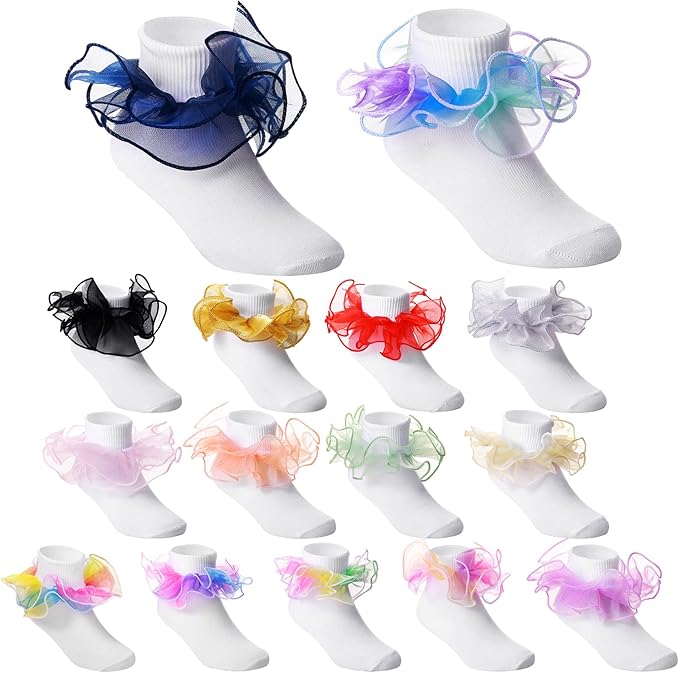 Lasnten 15 Pairs Ruffle Socks for Toddler Girls Double Lace Socks Bulk Turn Cuff Big Ruffle for Infant Toddler and Kids