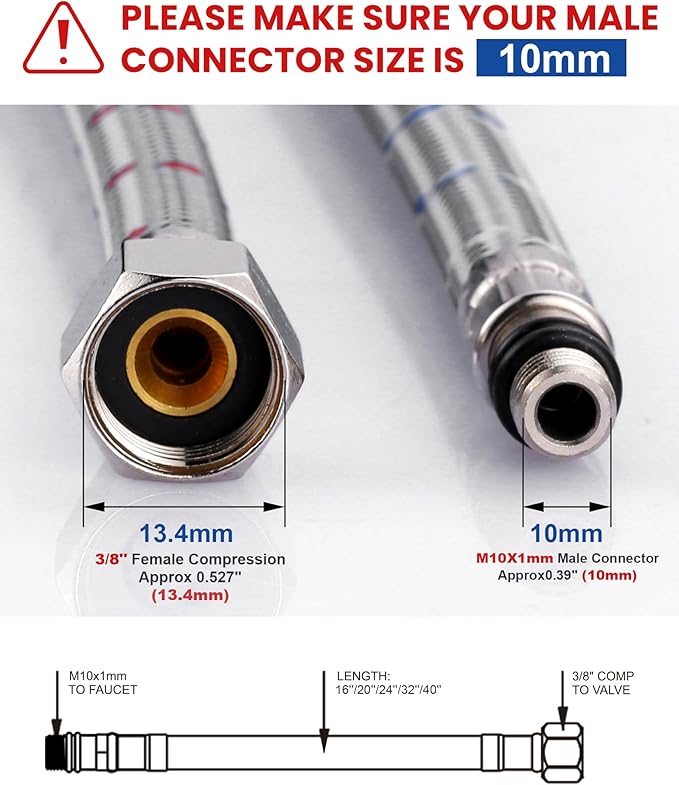 WOWOW 16" Length Faucet Supply Line, Bathroom Kitchen Faucet Lines Braided Nylon Sink Hose,cUPC Faucet Supply Lines 38" Female Compression Thread M10 Male Connector 2Pcs (1 Pair)
