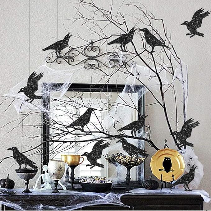 Cheerland Glitter Black Crow Halloween Decorations for Gothic Halloween Tree Hanging Decoration Bird Raven Banner Stick Decal Garland Backdrop Centerpiece for Theme Birthday Wedding Party Supplies