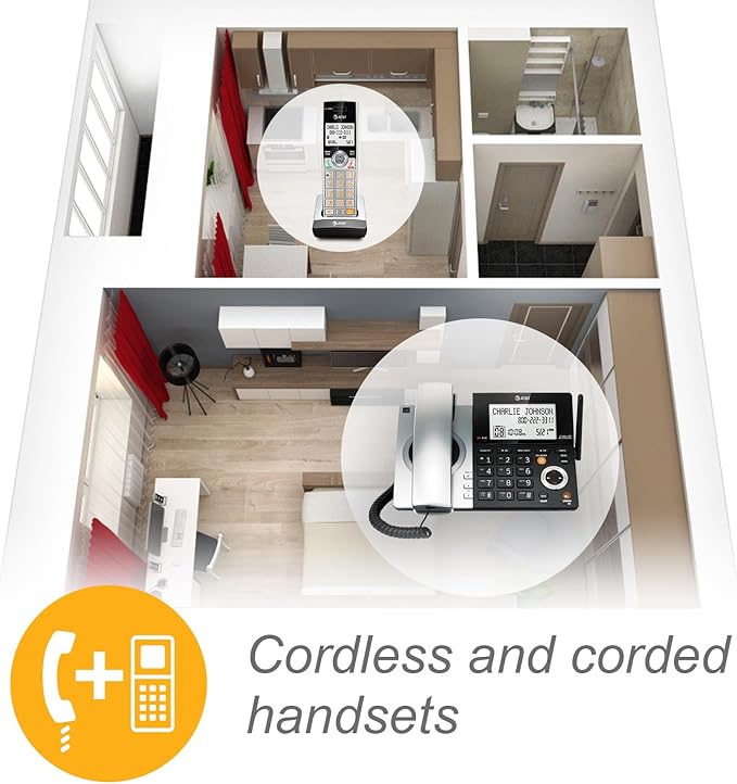 AT&T CL84107 DECT 6.0 Expandable Corded/Cordless Phone with Smart Call Blocker, Black/Silver with 1 Handset