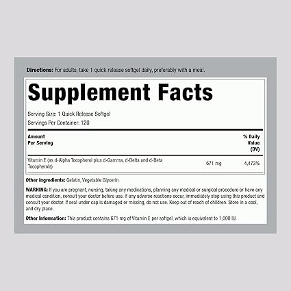 Piping Rock Vitamin E 1000 IU Softgels 120 Count with D-Alpha and Mixed Tocopherols Gluten Free, Non-GMO Supplement
