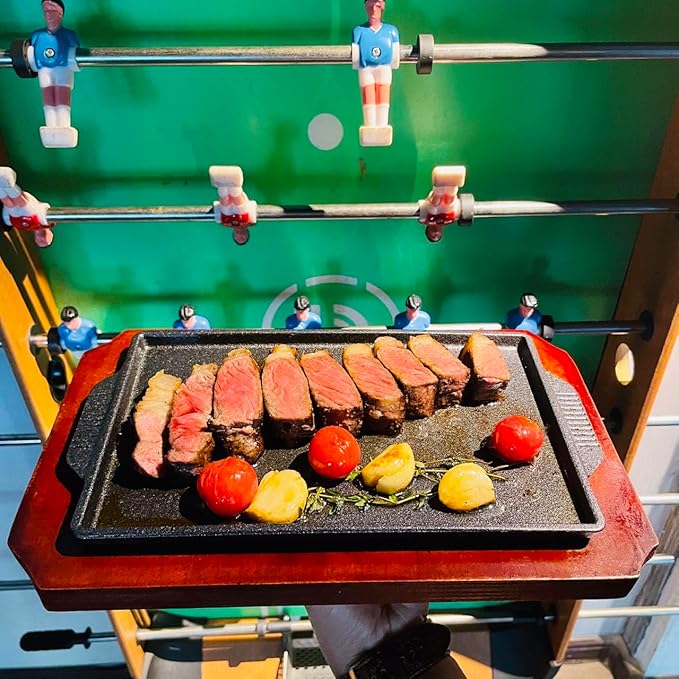 Cast Iron Steak Plate, Grill Pans, Sizzle Griddle with Wooden Base, Steak Pan, Griddle Grill Pan with handles (Plate 9.9" x 6")