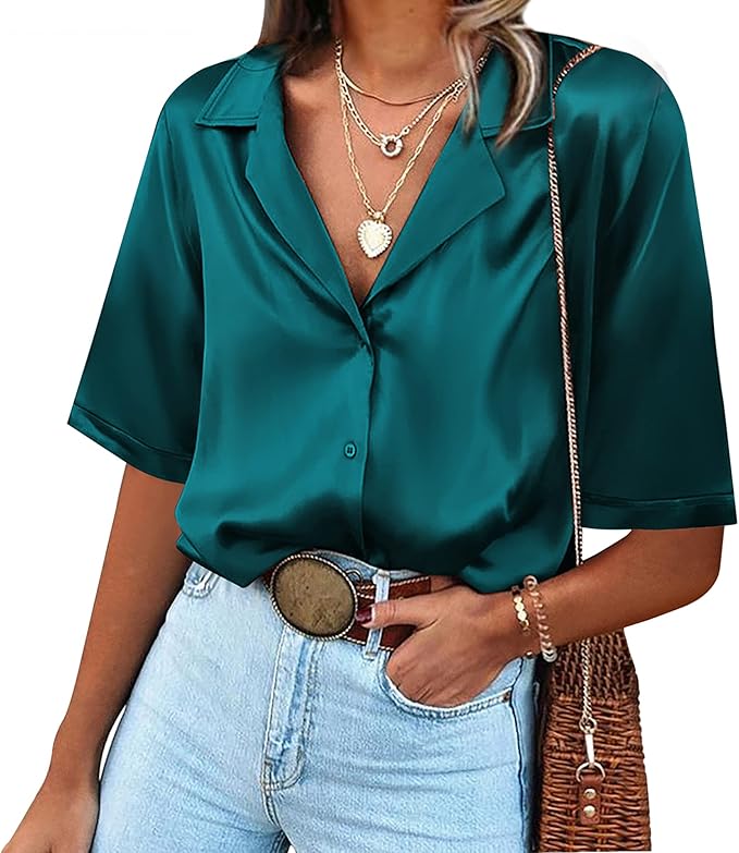 Chigant Women's Short Sleeve Satin Blouse Button Down Tops Casual Office Work Shirt S-XXL