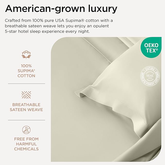 Threadmill 100 Supima Cotton Sheets, Premium 1200 Thread Count Cotton Sheets for King Size Bed, 4 Pc Ivory King Bed Sheets Set, 5-Star Hotel Quality with Elasticized Deep Pocket King Sheets
