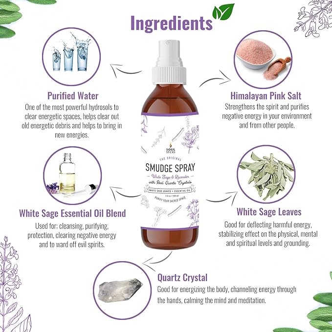 SOUL STICKS White Sage Lavender Smudge Spray 3.5oz Smokeless Mist with Quartz Crystals Calming Essential Oil Spray for Sleep, Stress Relief, Meditation, and Energy Cleansing