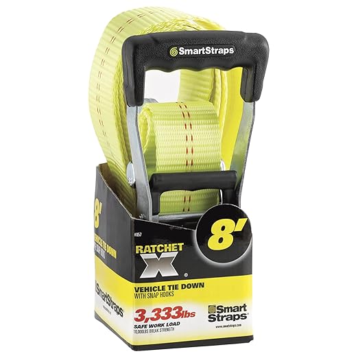 SmartStraps 8 Heavy Duty Ratchet Strap with Snap Hooks 10,000lbs Break Strength, 3,333lbs Safe Work Load Commercial Duty Straps for Heaviest Loads, Haul Large Equipment and Vehicles, Small