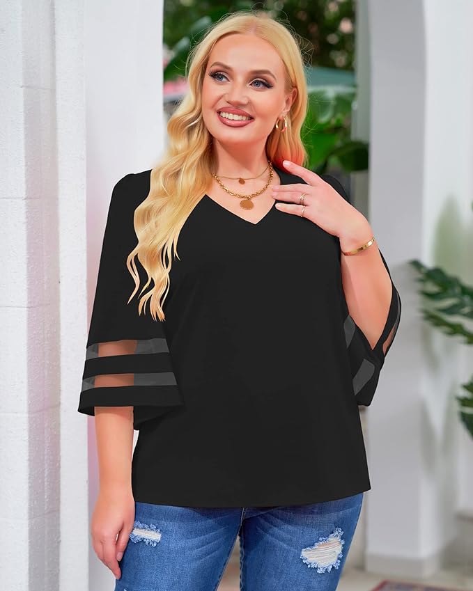LookbookStore Women's V Neck Mesh Panel Blouse 3/4 Bell Sleeve Loose Top Shirt