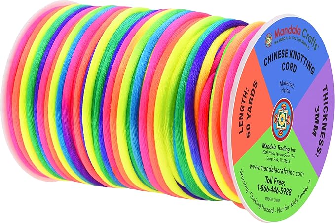 Mandala Crafts Satin nylon cord of 0.118 in, rainbow rope 50 yards for bracelets, necklaces, jewelry, macrame making