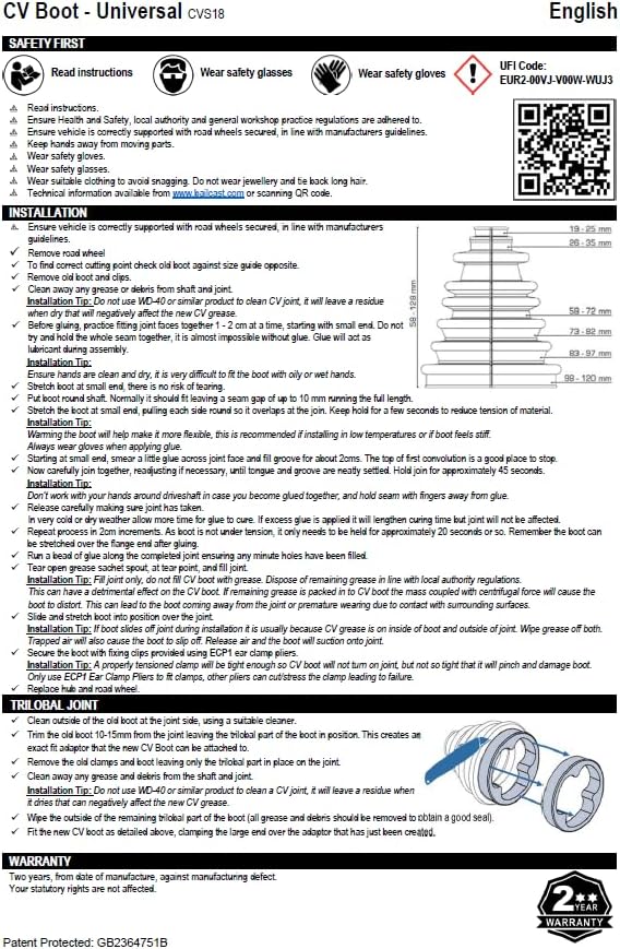 CVS18 Universal Split Constant Velocity Joint Gaiter Boot Replacement Kit, Black